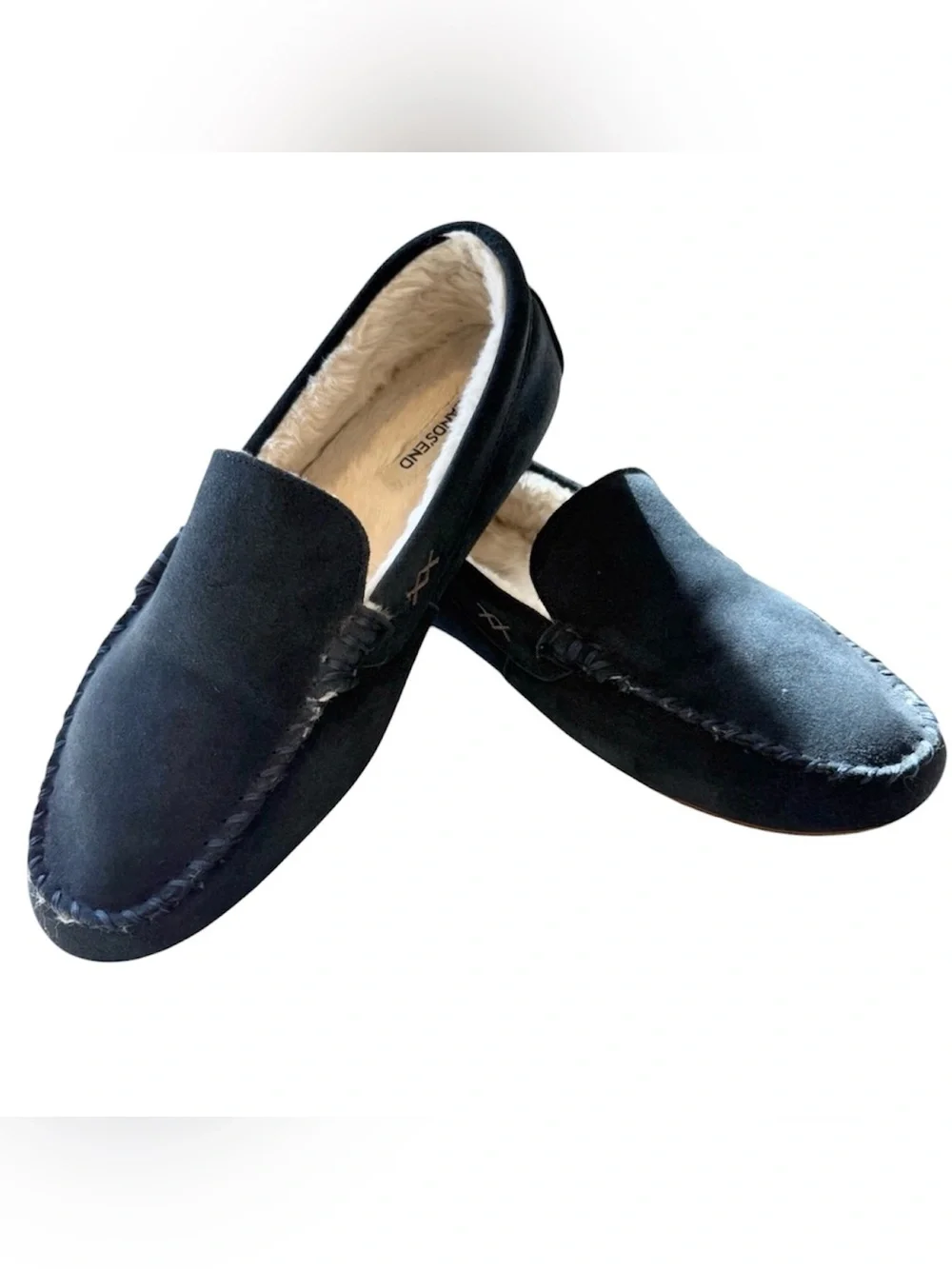 Men’s Lands' End Suede Moccasin Slippers Size 9 Navy Blue with Hard Soles
